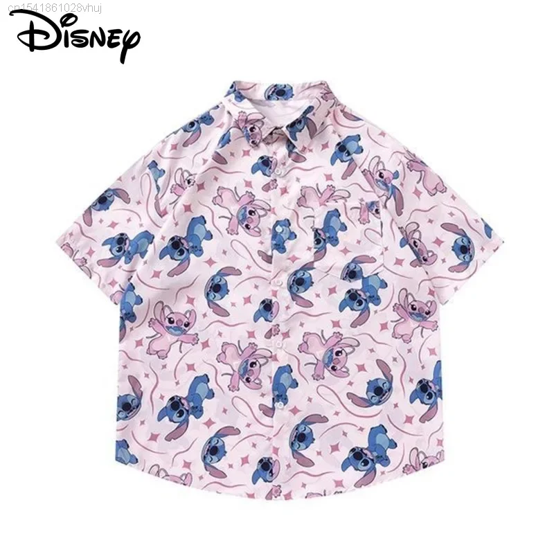 Disney Stitch Short Sleeved Shirt Summer New 2024 Fashion Casual Hip Hop Blousers Y2k Tops Youthful Woman Clothes Kawaii Shirts