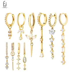 925 Sterling Silver Needle Water Drop Round Zircon Long Pendant Earrings For Women Colorful Crystal Hoop Earrings Luxury Jewelry