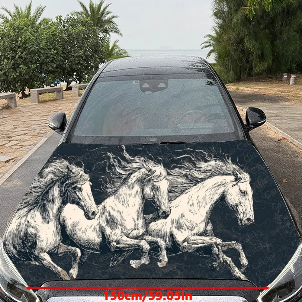 Car Decal Dynamic Artistic Design with Galloping Horses in Monochrome Style Car Hood Sticker, Waterproof Self - Adhesive PVC Gra