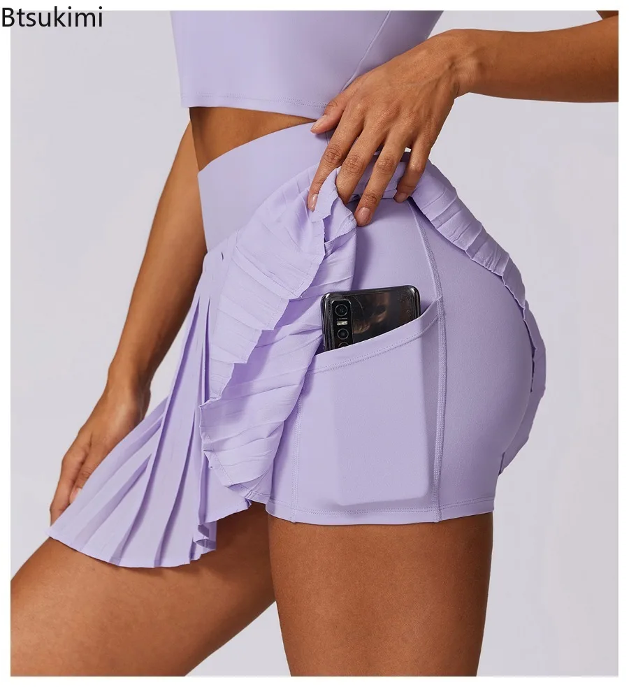 New Women High Waist A- Line Mini Skirt Fitness Sporty Pleated Design Pockets Prevents Glare Yoga Short Skirt Fake Two-Piece Set