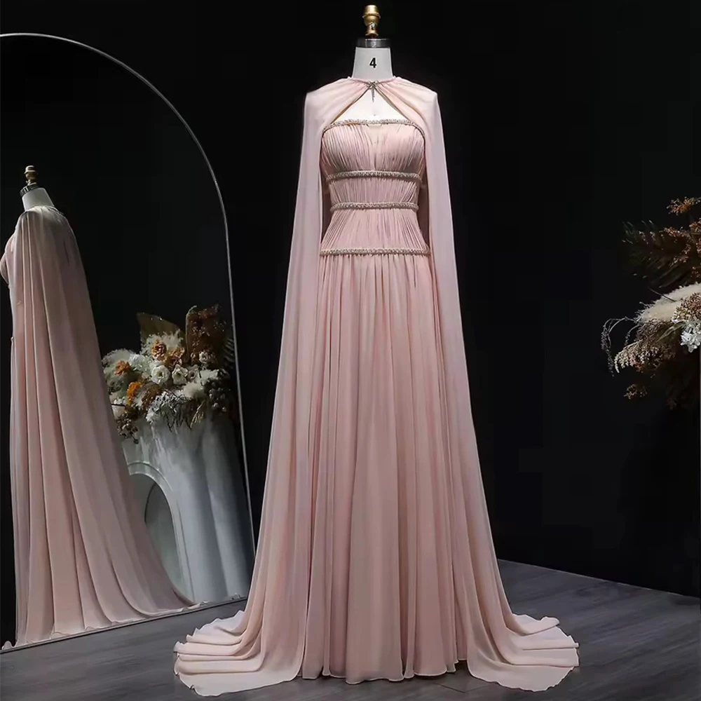 

Soft Pink Chiffon Customized Evening Dress Strapless Watteau Train Homecoming Dresses Simple A-Line Special Occasion Gowns