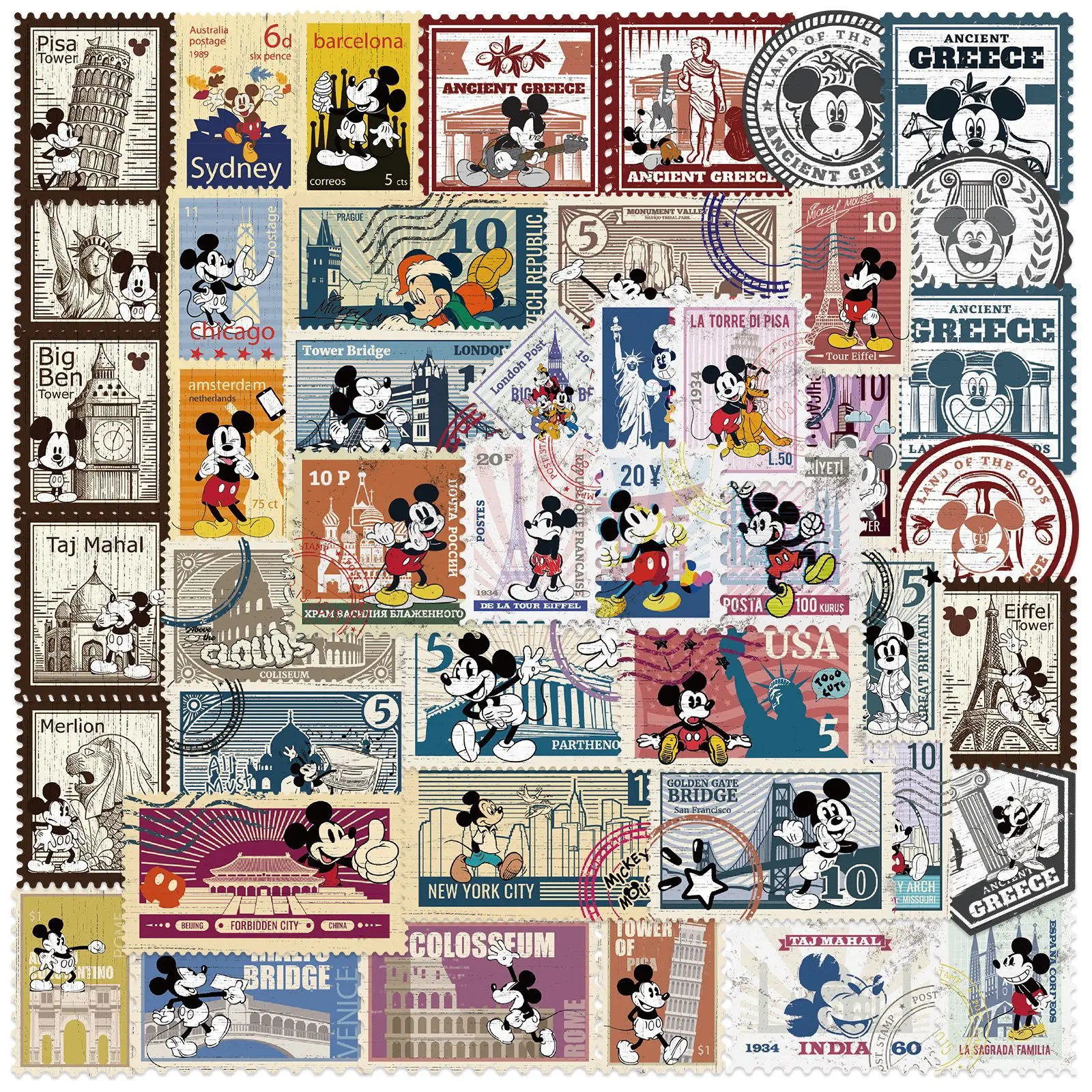 

10/30/50PCS Retro Disney Mickey Stamps Cartoon Sticker DIY Phone Laptop Luggage Skateboard Graffiti Decals Fun for Kid