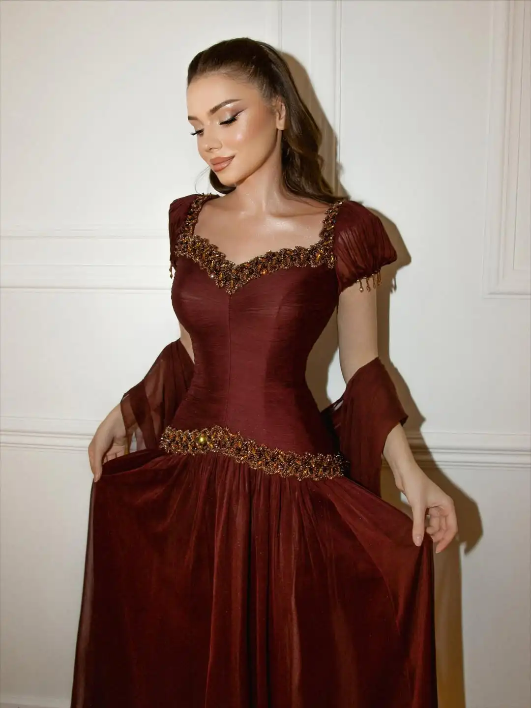 Ofherown Abiti da sera di lusso con perline con maniche ad aletta con nappe Abiti da ballo formali con nastro A-Line Abiti da festa