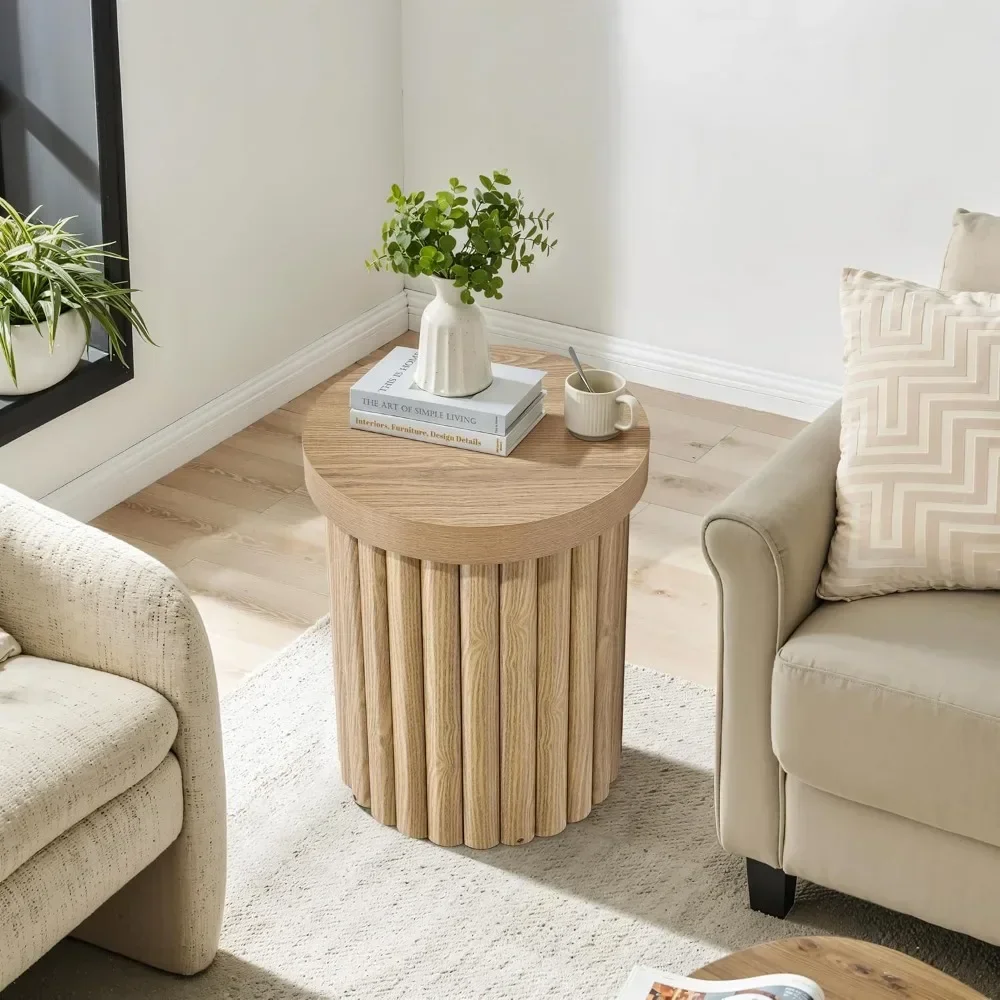 Wood Round Side Table, 19" Fluted Small End Table for Small Spaces, Mid Century Modern Wooden Accent Table, Small Bedside Table