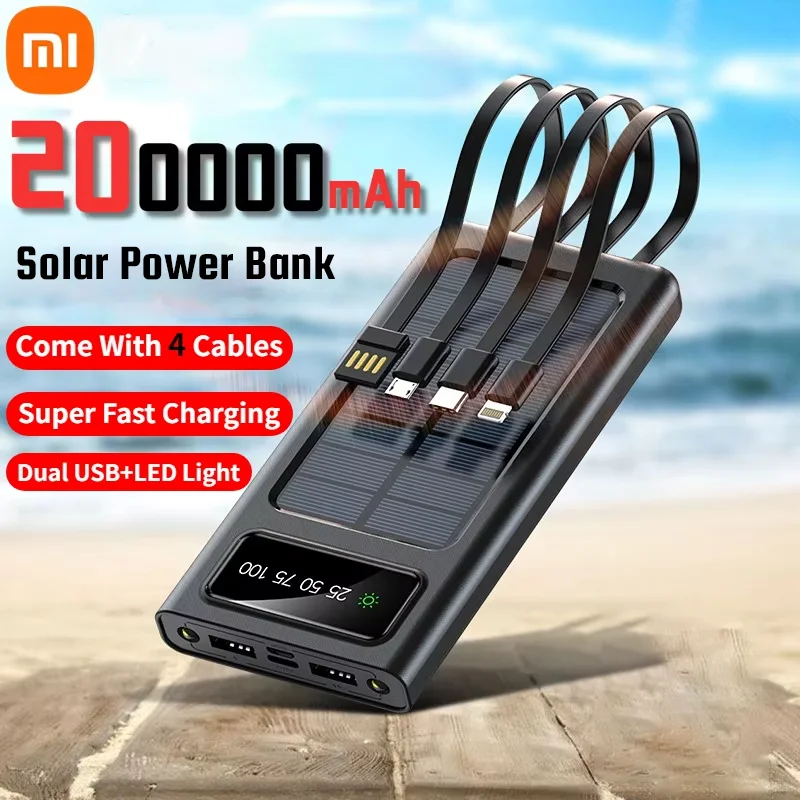 Xiaomi Solar Power Bank 200000mah Built 4 Cables Portable Fast Charging Usb Ports Charger Powerbank For Iphone Xiaomi Samsung