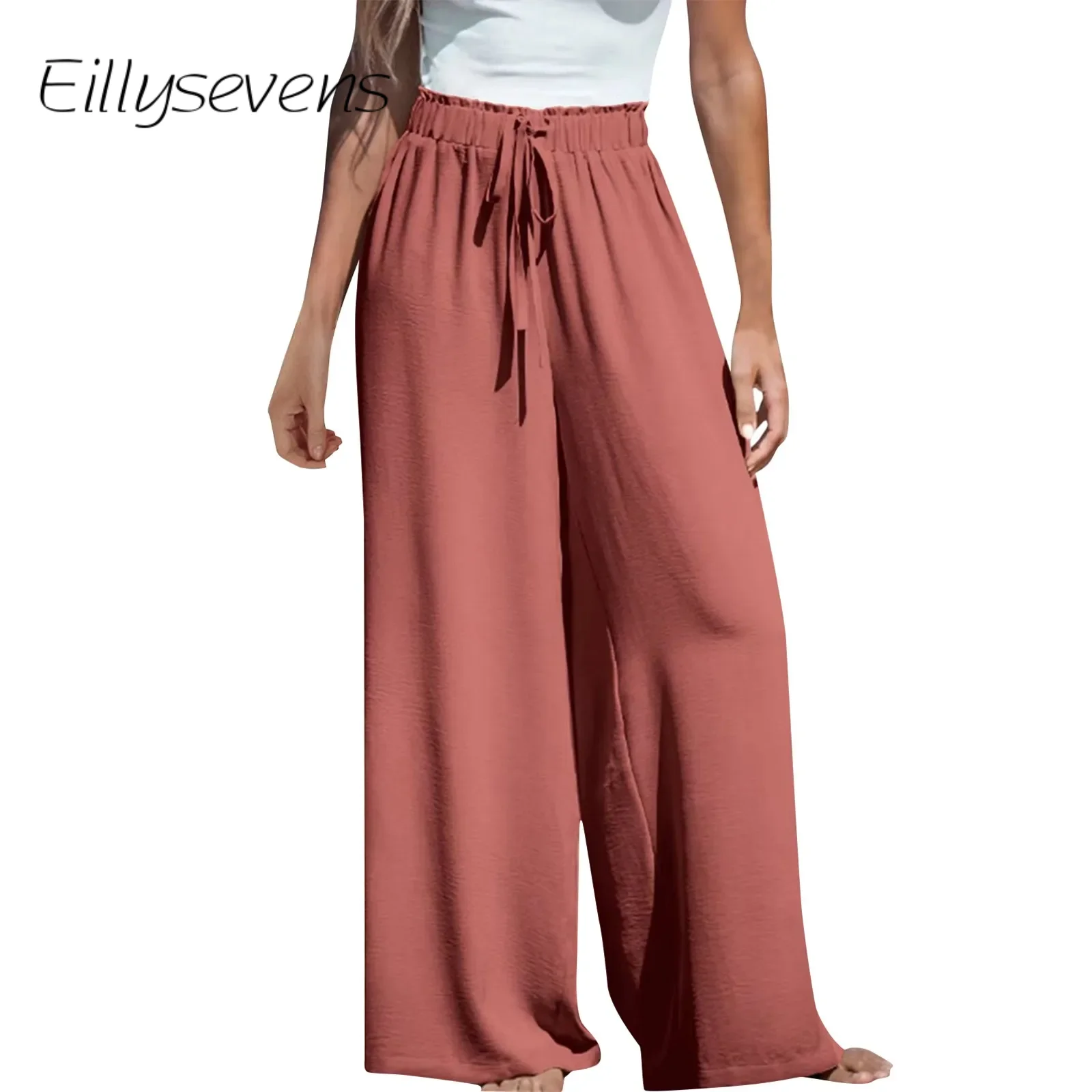 

Pantalones Women'S Casual Wide Leg Trousers Elegant Solid Color Long Trousers 2024 Summer Temperament Drawstring Trousers