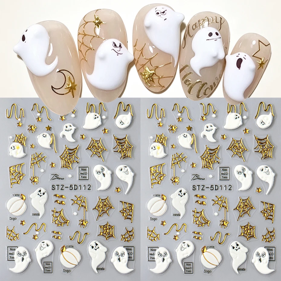 2pcs Cute Ghost Halloween Nail Art Stickers Embossed Cartoon Ghost Pumpkin Golden Spider Web Star Gothic Nail Decals Decoration