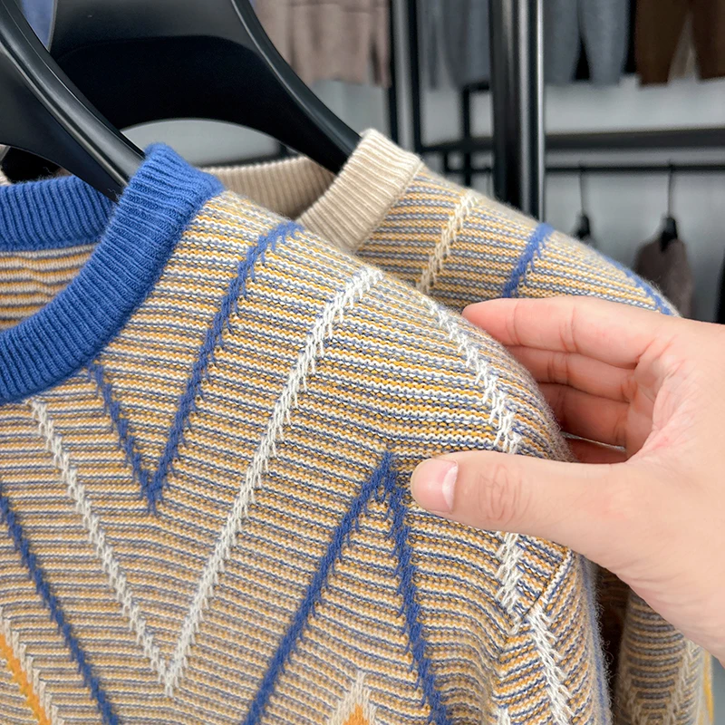 

100% Sheep Wool Clothes New Trendy 2025 Autumn Winter Plaid Cashmere Wool Jumper Fashion Argyle Wool Knit Sweater Pullovers