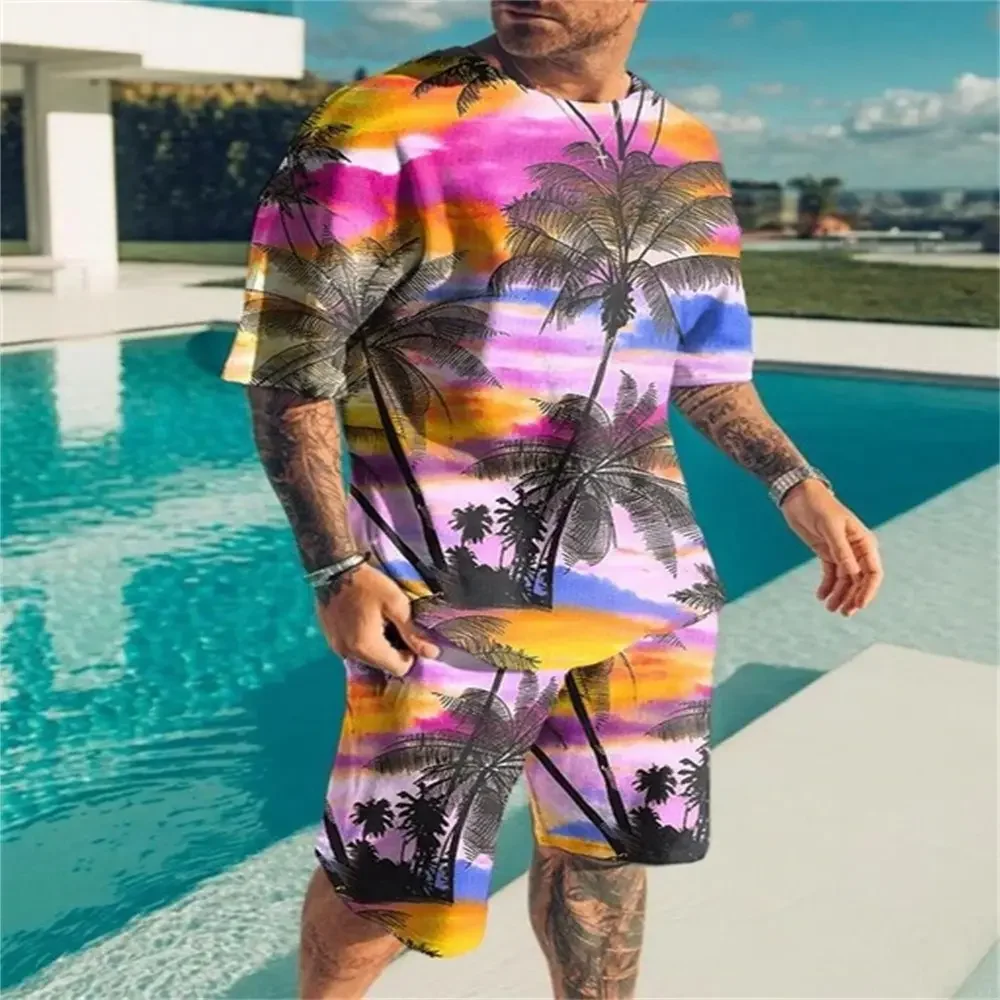 Men's Cool Hawaii T-shirt Set 3D Print Vacation Casual Style T-shirt Shorts 2Pcs Set Summer Beach Fashion Clothing High-quality