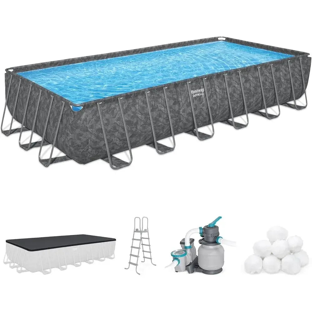 24' x 12' Above Ground Swimming Pool with Metal Frame, Sand Filter Pump, Ladder, and Cover