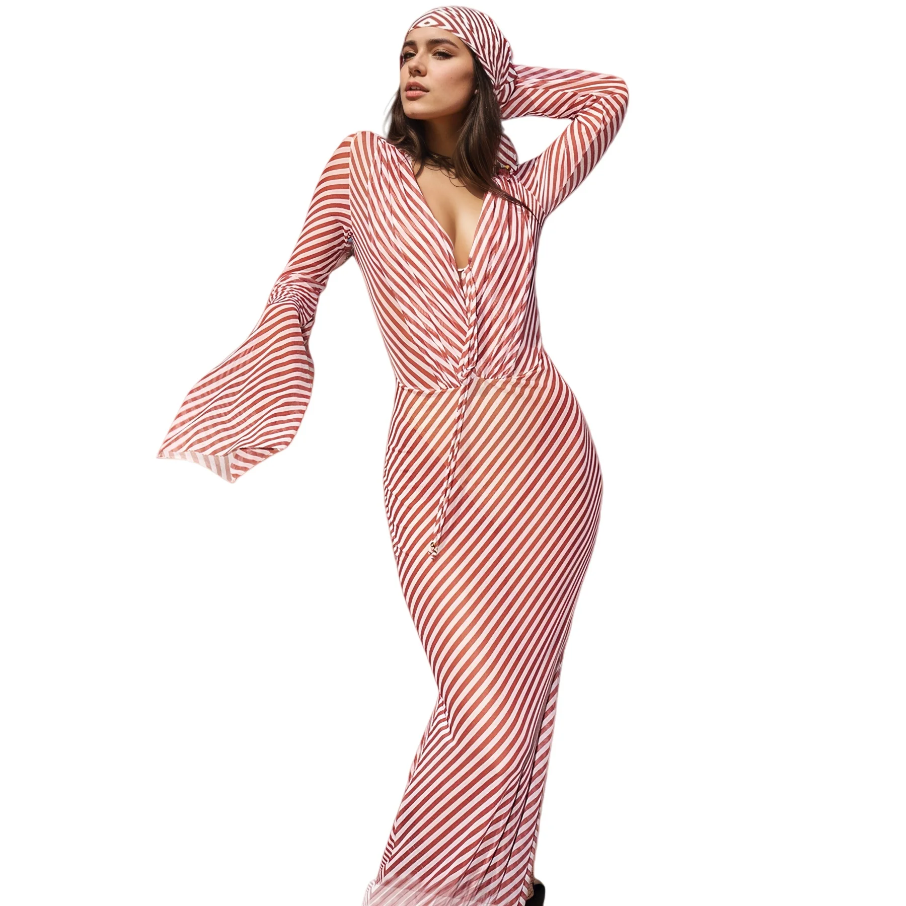 

Модное шифоновое платье-накидка в полоску, 1 шт. – Женский купальник, пляжная одежда, повседневный летний наряд