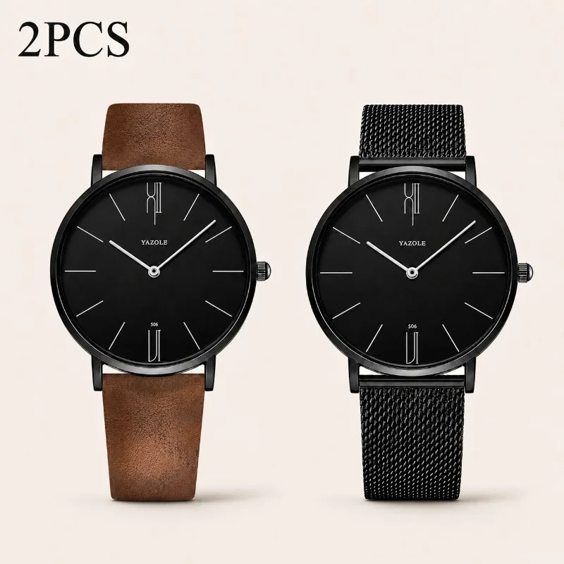2PCS YAZOLE Minimalist Couple Watches Matching Quartz Wristwatch Ultra Thin Leather & Mesh Strap Lover Timepiece Valentine Gift