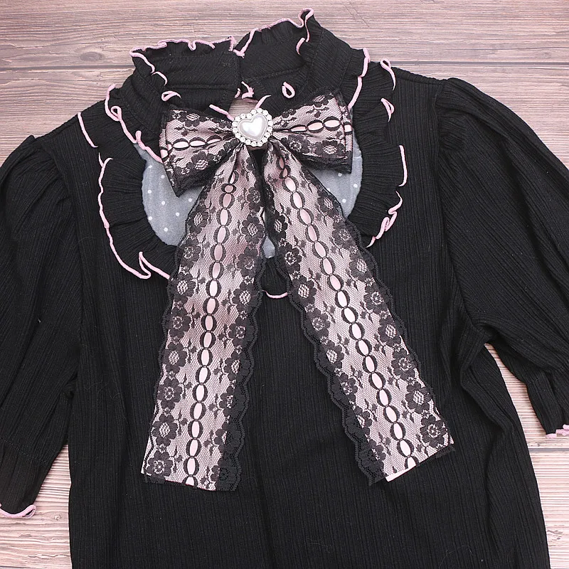 Lace Ribbon Neck Tie Lolita Chic Jirai Kei Pink Black Bow Tie Women's Big Bow Love Pearl for Collared Shirt Jfashion Accessories