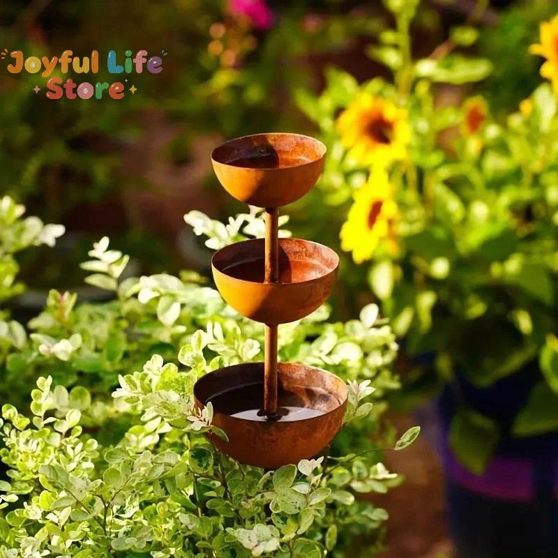 Plant Support Metal Garden Ornament,Garden Stake With 3-Tiered Water Bowls, Bee Bird Water Feeder Bath, Outdoor Yard Patio Decor