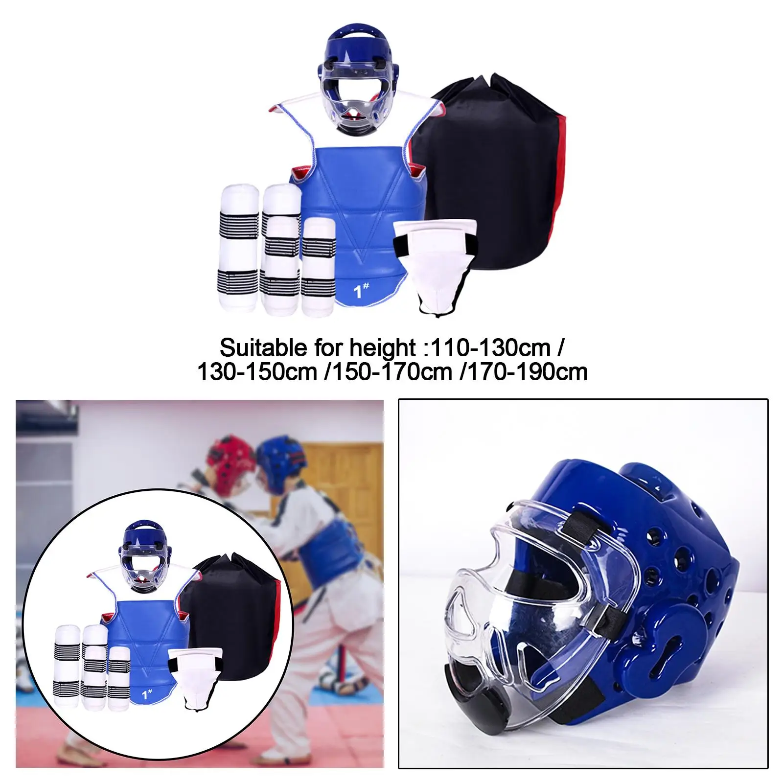 Martial Arts Sparring Gear Set Karate Boxing Headgear Taekwondo Chest Protector Arm Shin Guards for MMA Kickboxing Training Men