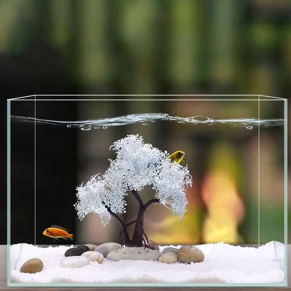 الوردي/الأبيض ساكورا حوض السمك ديكور آمنة سهلة التنظيف Aquascaping شجرة المشهد زخرفة شجرة ندفة الثلج زخرفة لخزان الأسماك
