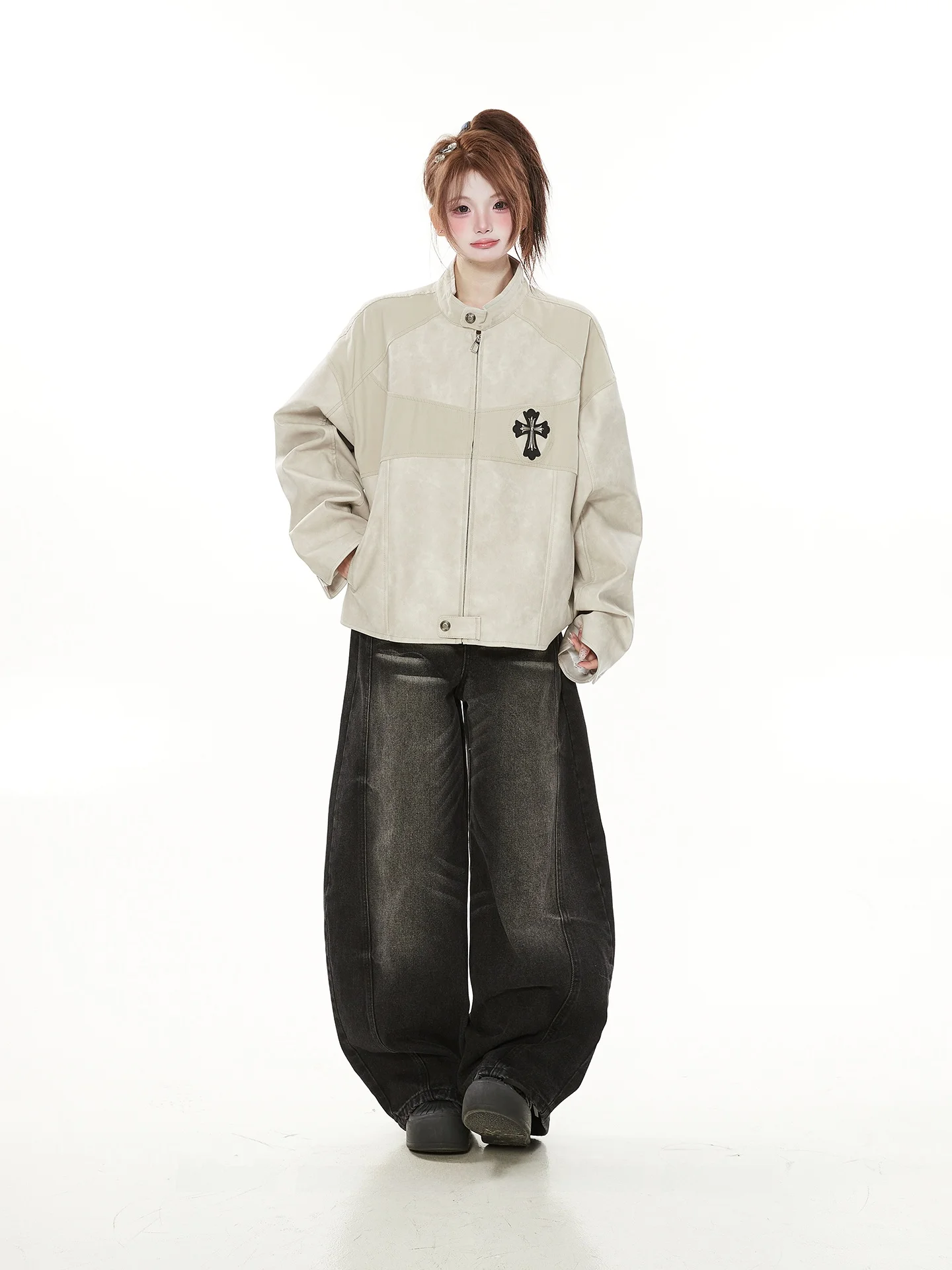 

Ретро-куртка в американском стиле из окрашенного канваса с пэчворком и воротником-стойкой, рабочая кожаная куртка для женщин, весна-осень, свободный крой, высокое качество, для пар