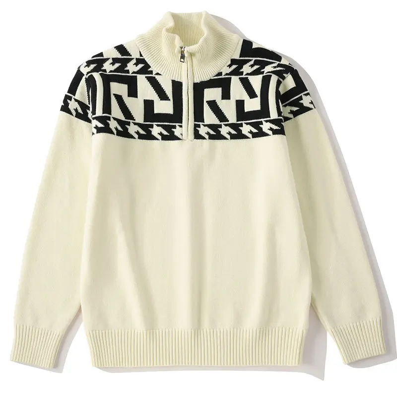 Jacquard stand-up neck knitted sweater autumn and winter new high-end trendy top men's jacket