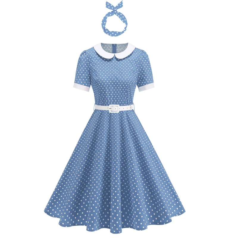50대 60대 여성 레트로 물방울 무늬 드레스 슬림핏 핀업 볼 가운 파티 드레스 로브 빅 스윙 로카빌리 드레스 헤드밴드 포함