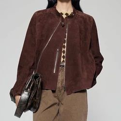 Retro Vintage chocolate brown Kid Suede Jacket for Women New High Sense Loose Leather Suit Blazer Female Casual Coat Streetw