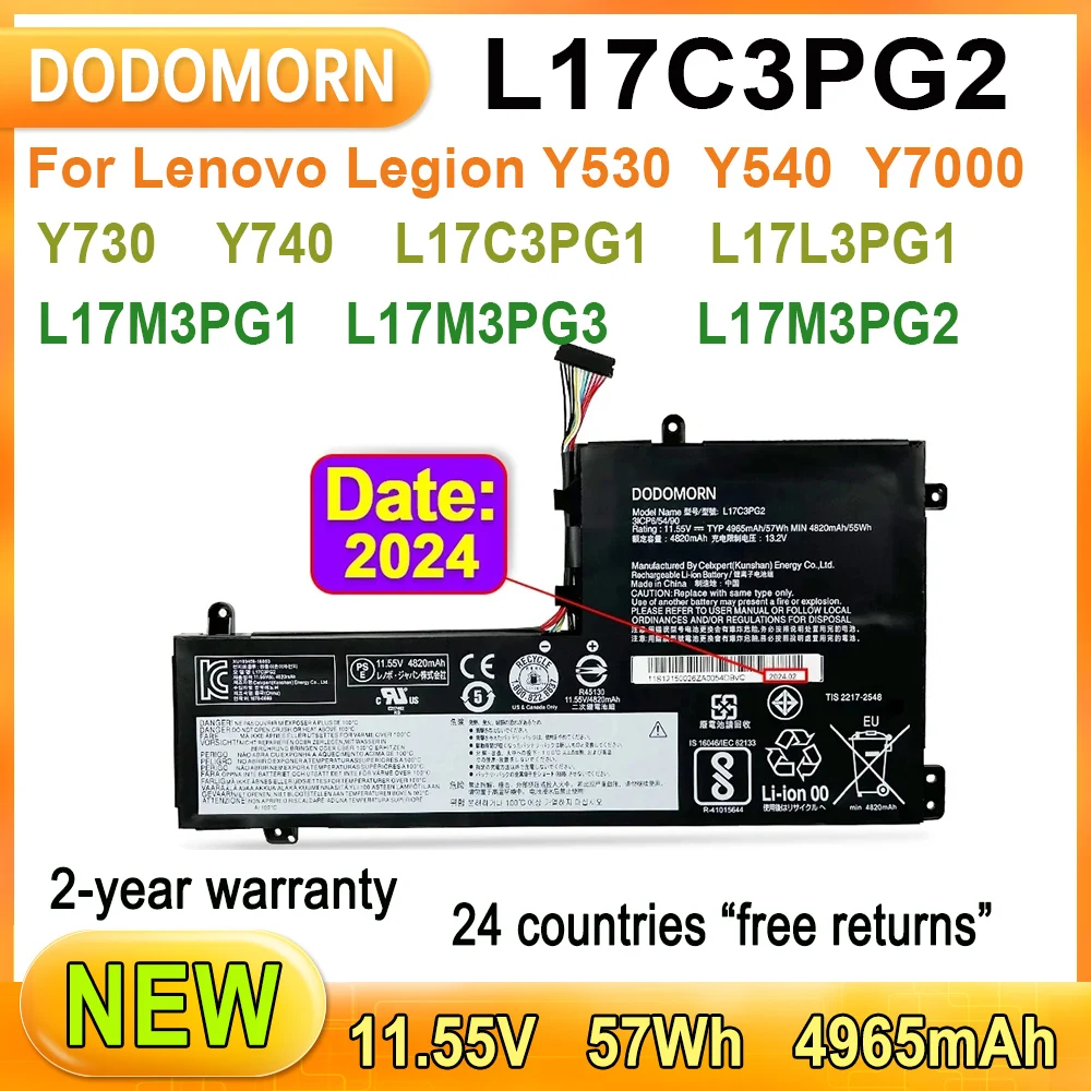 

New L17M3PG1 Laptop Battery For Lenovo Legion Y530 Y530-15ICH Y7000 Y7000P 2018/2019 L17C3PG2 L17L3PG1 L17M3PG3 11.34V 52.5Wh