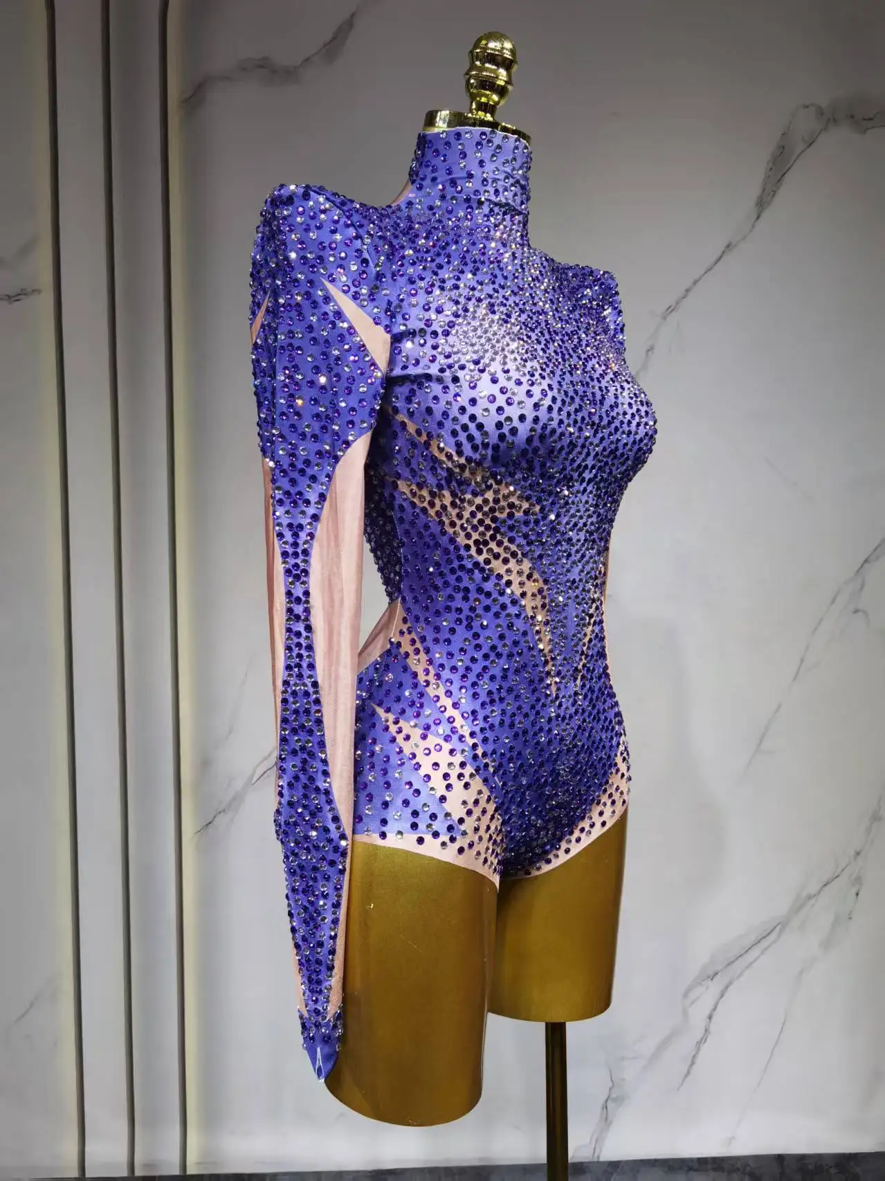 Leotardo Sexy con cristales azules brillantes para club nocturno, celebración de cumpleaños, mono con diamantes de imitación, traje de baile, ropa para sesión de fotos en escenario