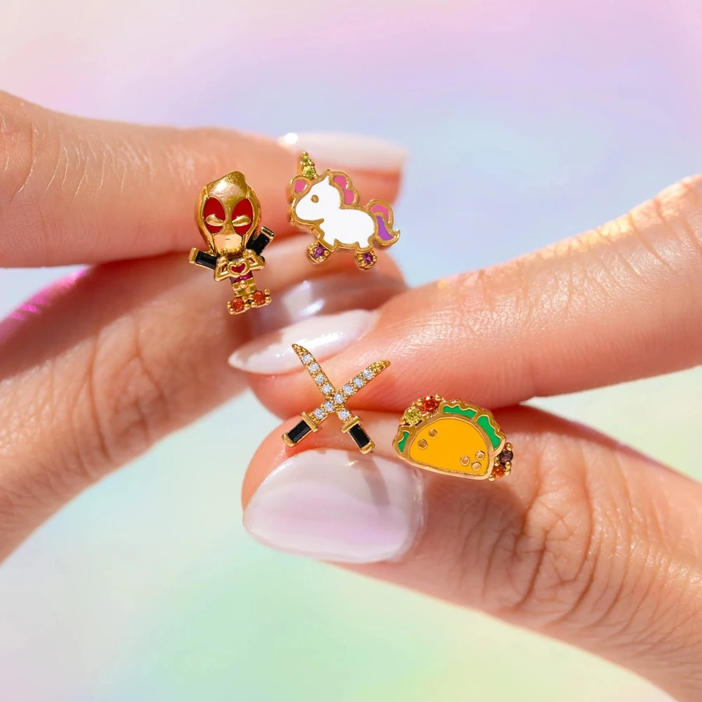 MIGGA 4pcs Fashion Mixed Cartoon Stud Earrings Set for Women Girls Gold Color Plated Cubic Zircon Jewelry