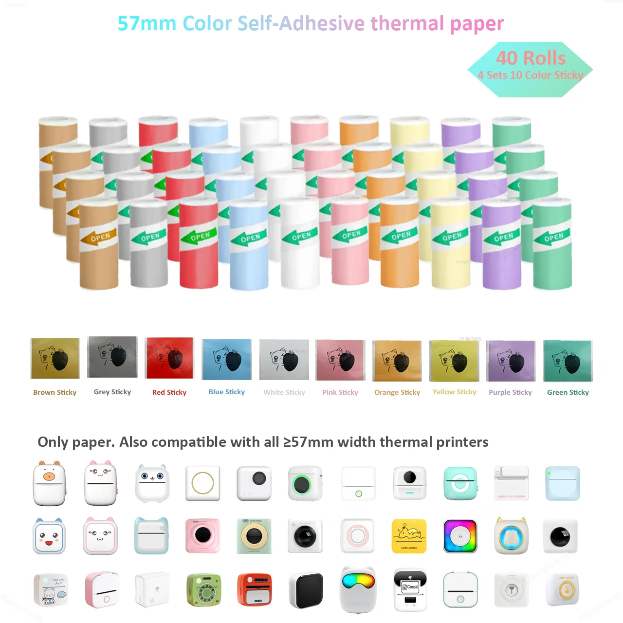57x25mm 10-Color BPA-Free Thermal Sticker Paper for Kids Crafts, Instant Photos, Portable Printers & School Labels