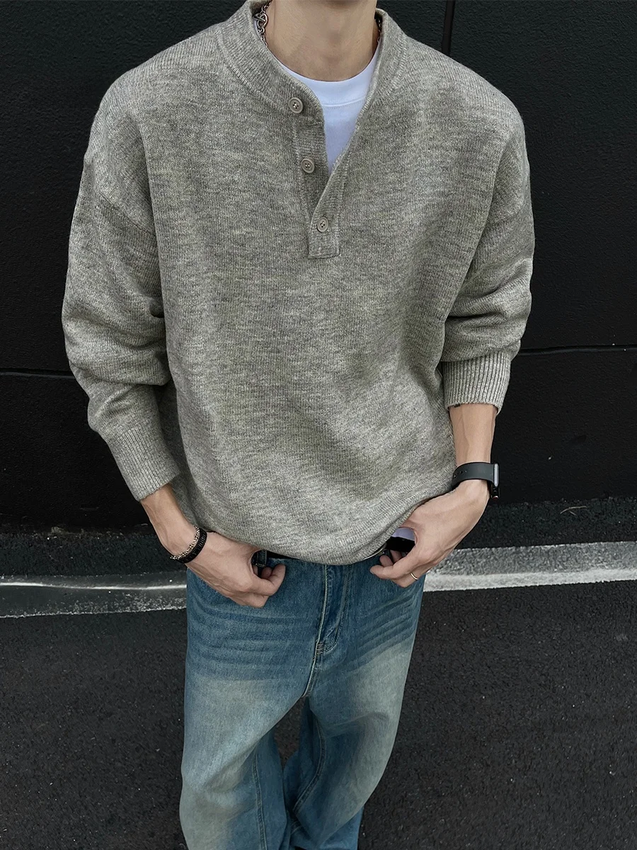 

American Cleanfit Men's Loose Long Sve Knitwear Henry Collar Sweater Autumn Winter Casual Sle Base Layer Inner Wear