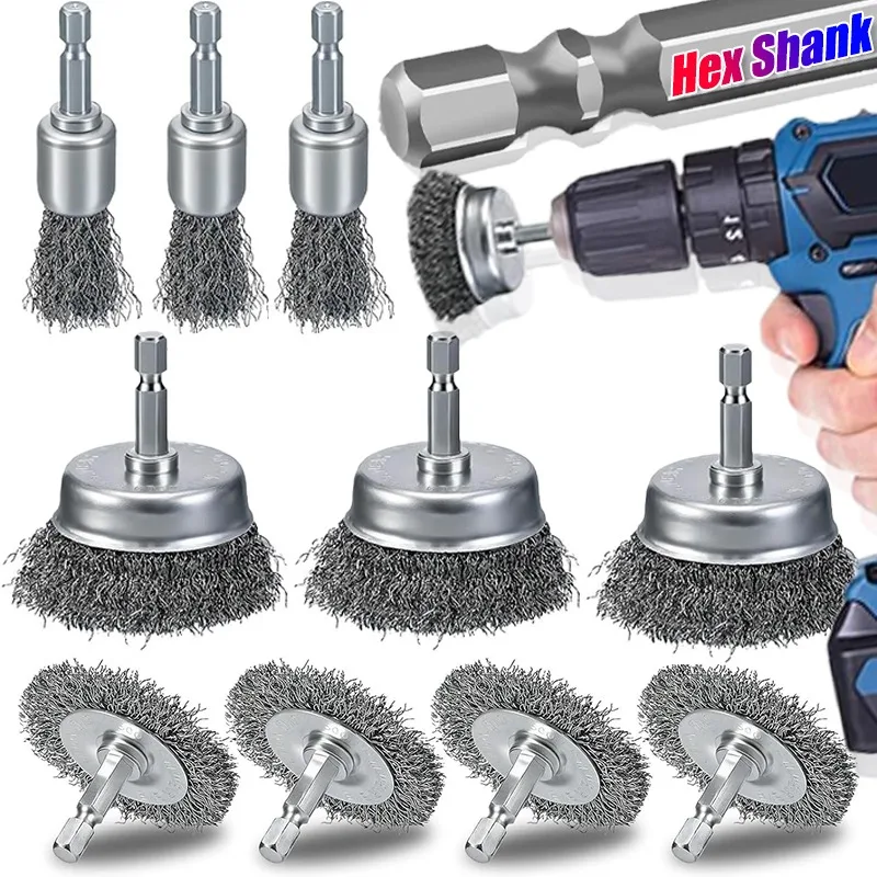10 Styles Steel Wire Brush Disc Polishing Wheel Hex Shank Brushes Rotary Metal Polishing Cleaning Rust Corrosion Accessories