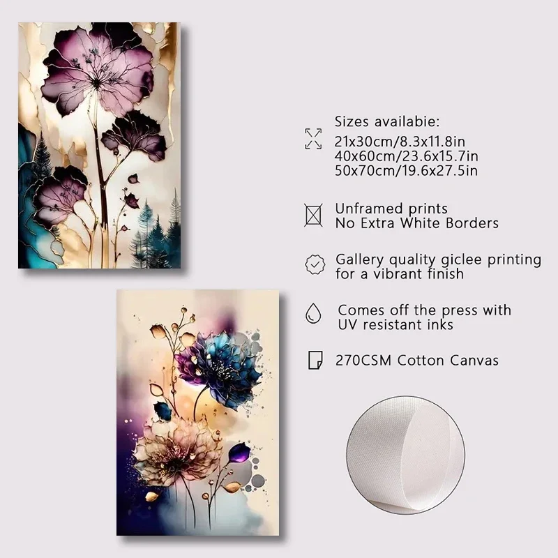 Large-sized frameless 3pcs  3pcs Posters Dreamy Flowers Purple Cyan Gold Canvas Poster Modern Art Ideal Gift for Bedroom Livi