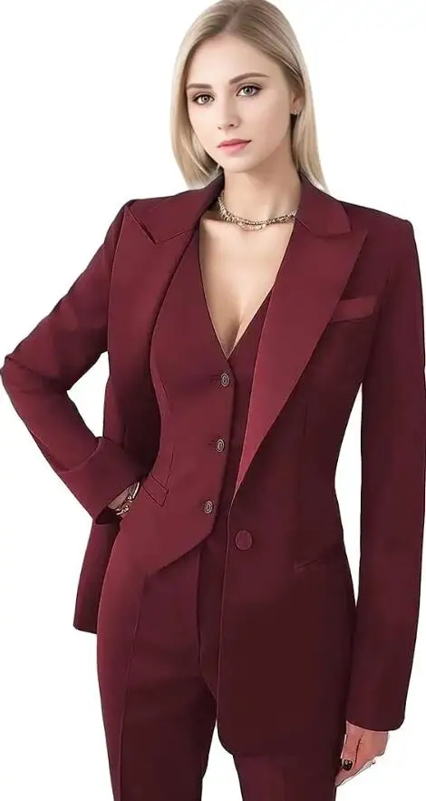 Fuchsia Casual Women\'s Office Suit Sets Blazer+Vest+Pants 3 Piece White Formal Wedding Tuxedo for Lady Business Outfits