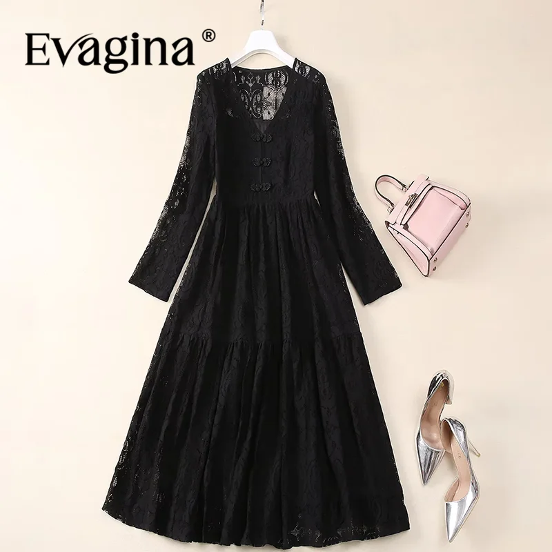 Evagina Fashion Design Autumn Women's Dress Sexy V-Neck Chic Lace Hollow Out High Waiste Pleated Dresses