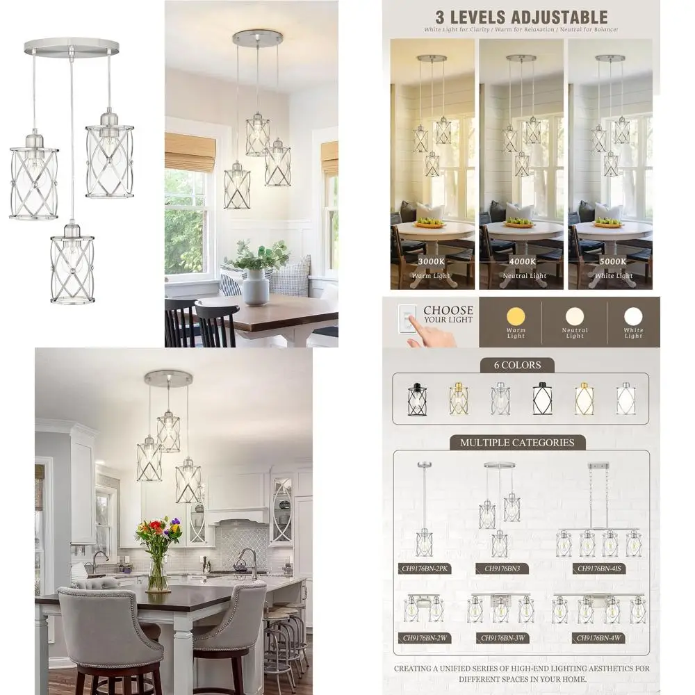 

Подвесной светильник на 3 лампы из матового никеля с прозрачным стеклом для столовой или кухонного острова