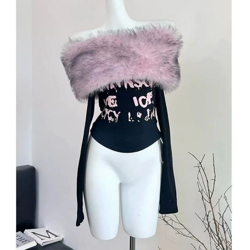 Sweet Vintage Harajuku Fur Collar Patchwork Top Y2k Women Autumn Off-shoulder Slim Shirt Long Sleeve Tshirt Aesthetic Streetwear - Image 2