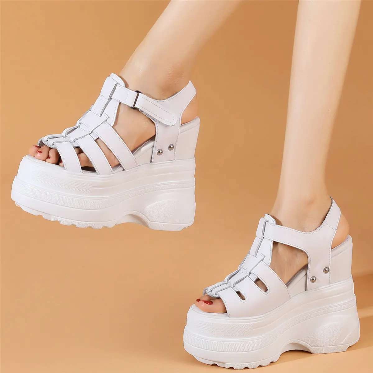 16cm Buty na wysokim obcasie Plus Size Buty Kobiety Prawdziwa skóra Kliny Gladiator Sandały Kobiety Otwarte palce Platforma Czółenka Duży rozmiar