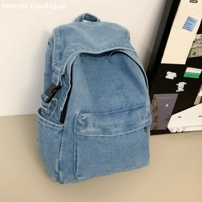 Distressed Washed Denim Fabric Backpacks Unisex Travelling Rucksack With Anti-theft Hasp Large Capacity College Student Knapsack