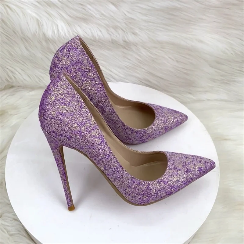 Keshangjia Women Purple Satin Pointy Toe High Heel Shoes for Wedding Party Dress Elegant Slip On Stiletto Pump Custom 33-46