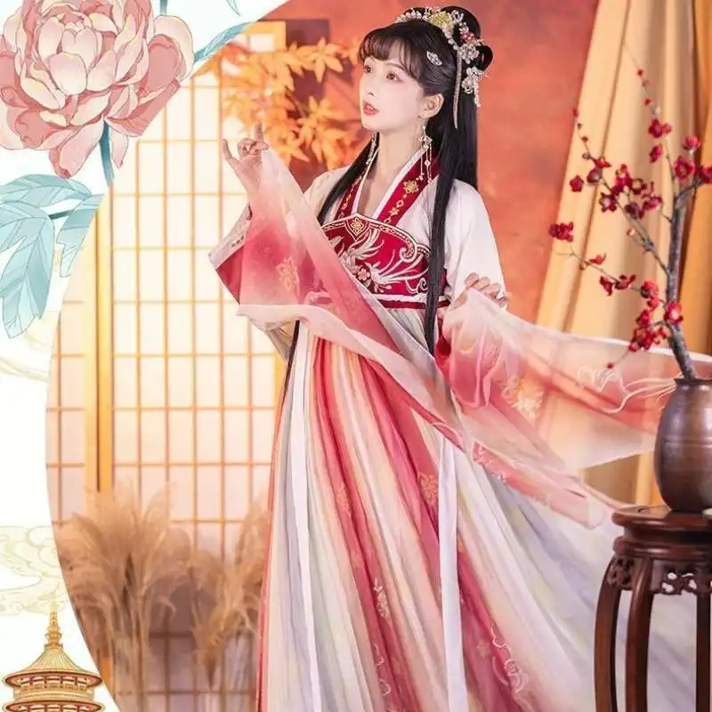 Women Carnival Cosplay Costume Tang Dynasty Embroidery Gradient Red Cute Princess Dress Chinese Traditional Vintage Chic Hanfu