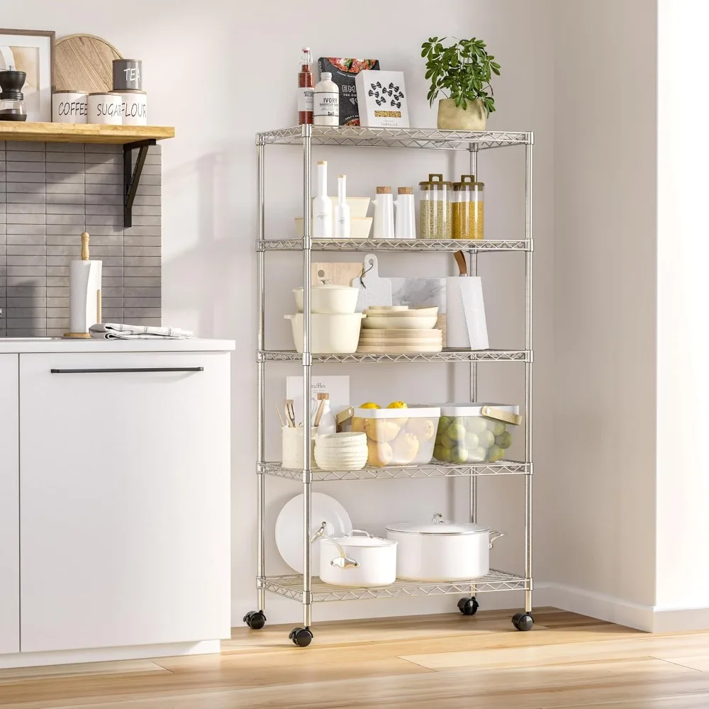 

5-Tiers Wire Shelving with Wheels, (NEW MODEL) for Office,Bedroom,Pantry Basement 5-Tier Wire Shelving with Wheels