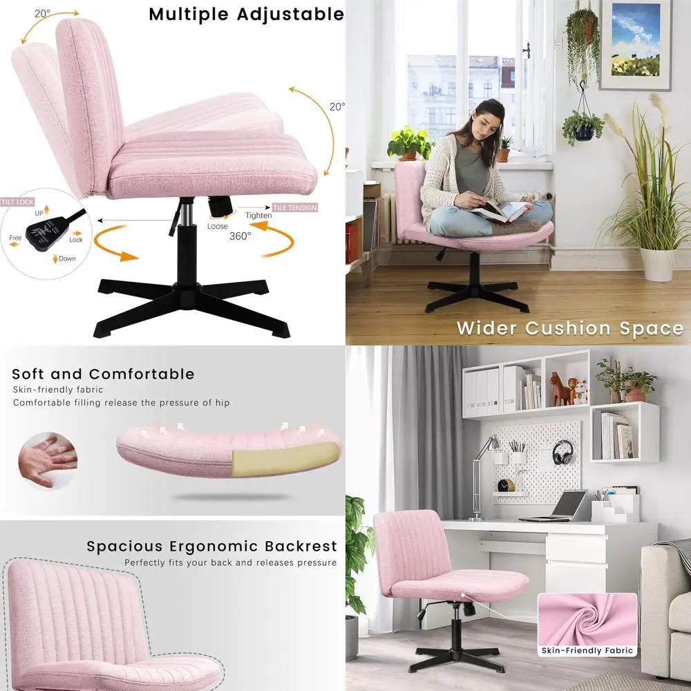 

Mid-Back Fabric Swivel Chair with Adjustable Height, Armless and No Wheels, Ideal for Home Office Desk (Pink)