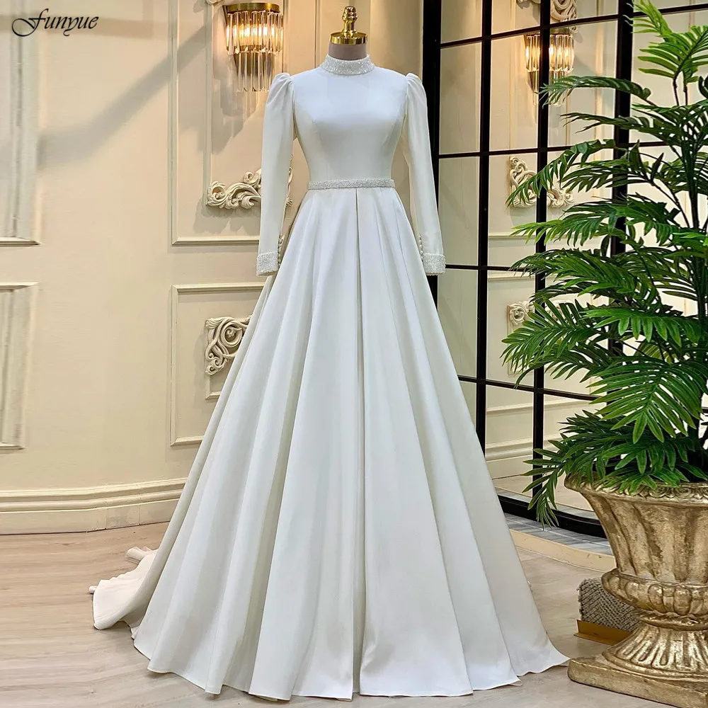 

Funyue Elegant Ivory Satin High Neck Wedding Dresses Modest A-Line Long Sleeve Bridal Gowns For Bride Dubai suknia ślubna