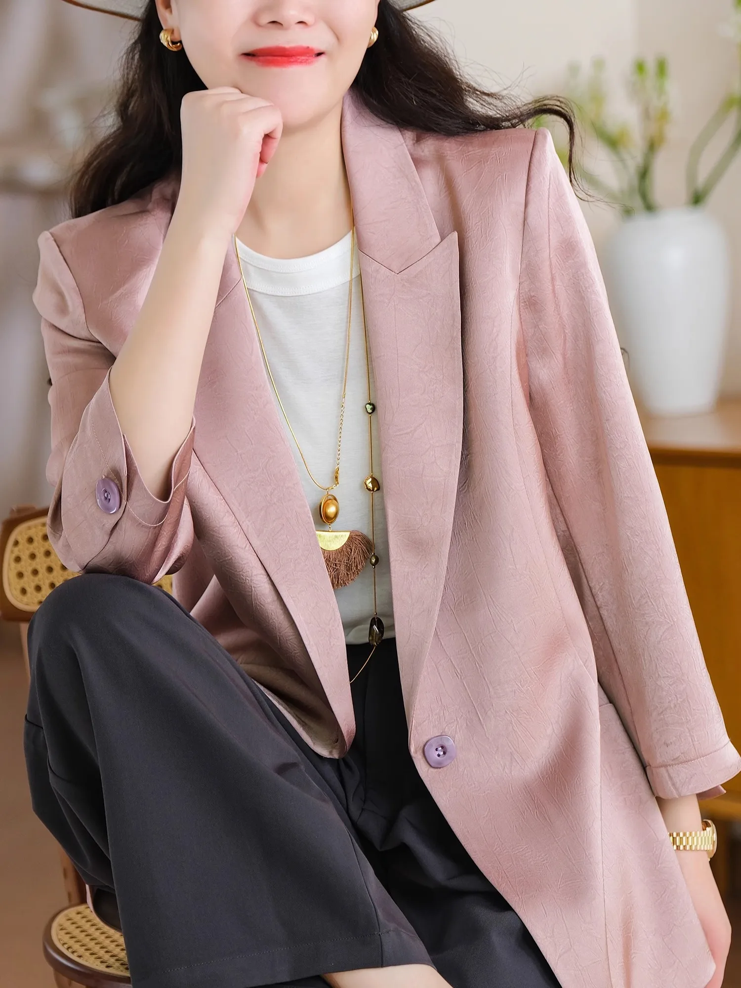 

Silky Smooth Acetate Fabric Women's Single-Button Suit Jaet by Little Ear Production Commute Sle Loose Fit Long Sve