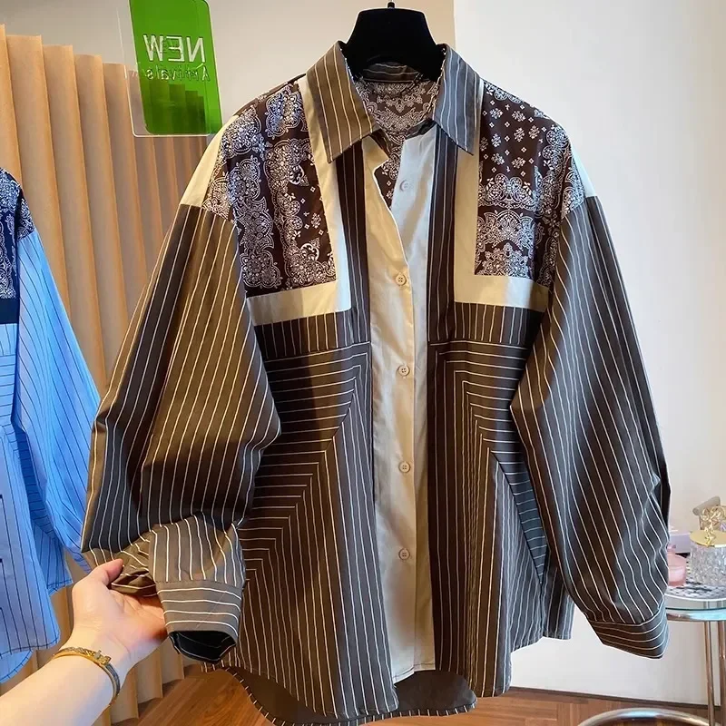 Spring Autumn Women\'s Shirt 2024 New Fashion Loose Leisure Blouse Printing Stripe Join Together Cardigan Blue Overcoat Female