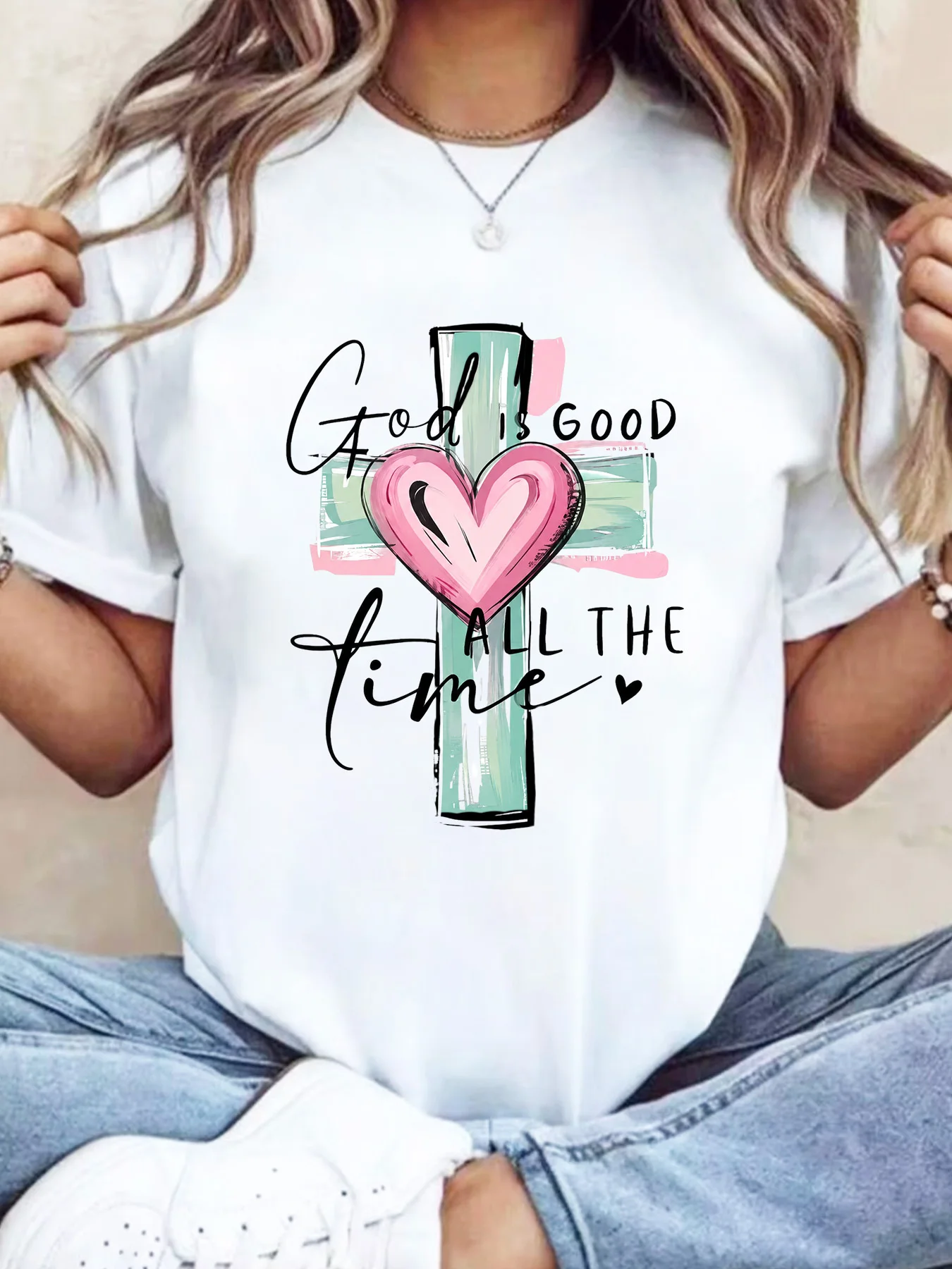 【SYJ080144（1）】Large T-shirt Short sleeved Summer Clothing Love Cross Printed Casual T-shirt Women's Large Top