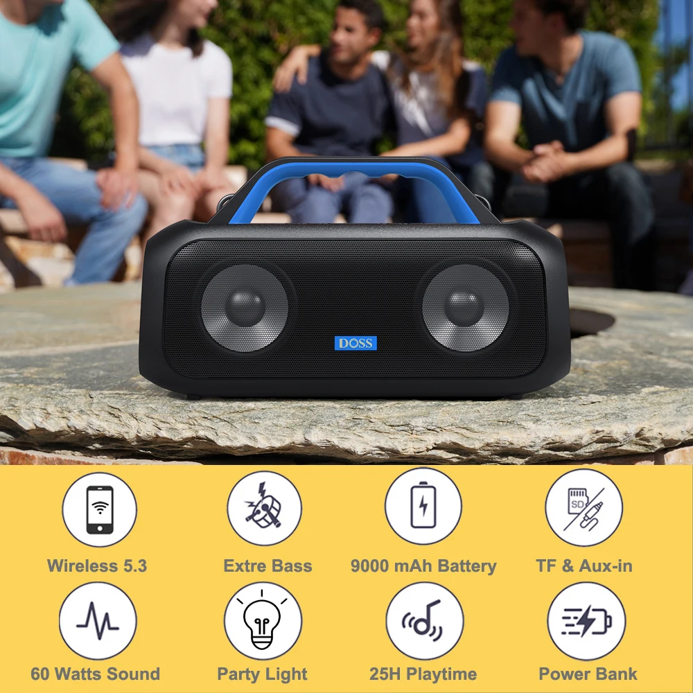 DOSS Portable Bluetooth Speaker 60W Powerful Stereo Bass Sound Music Box 25H Playtime LED Lights IPX6 Waterproof Outdoor Speaker