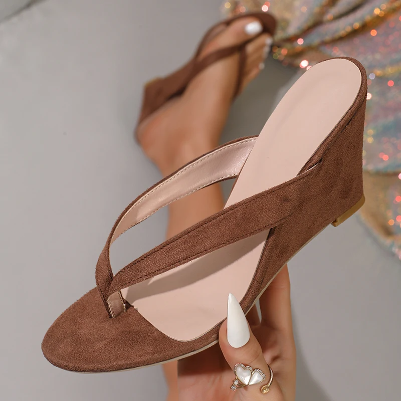 

Eilyken Fashion Round Clip Toe Wedge High Heels Women's Slippers 2026 New Summer Shallow Flip Flops Ladies Shoes
