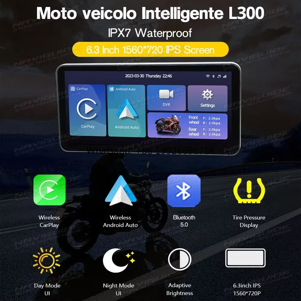 

Portable Motorcycle Carplay With 6.3 Inch Touch Screen Wireless Android Auto IP67 Waterproof and Built-in DVR for Bikes manufact