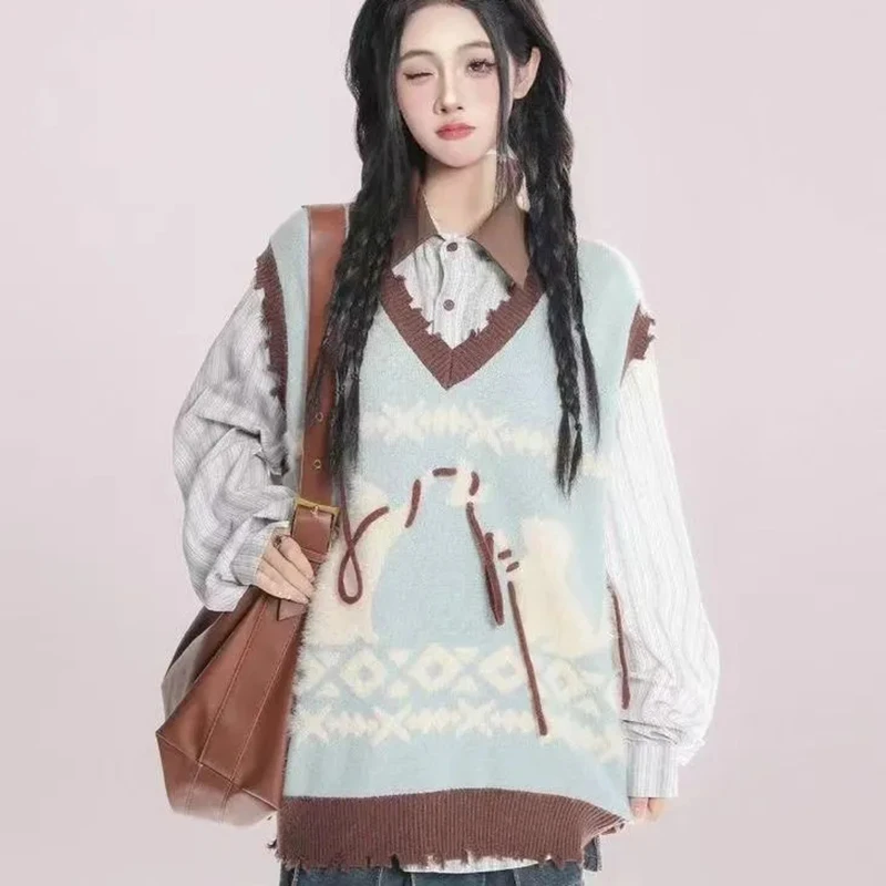 

Japanese Vintage Knit Sweaters Women Fall Lace Up Patchwork Sleeveless Vest Print Sweet Loose Casual Preppy Irregular Pullovers