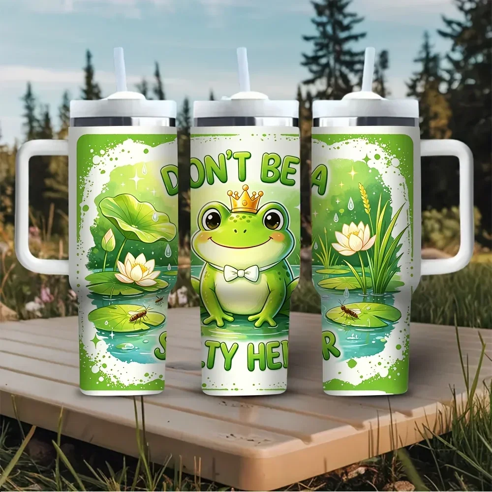 40oz Cute Frog for Lotus Print Tumbler with Handle, Suitable for Everyone for Daily Use And Outdoor Activities, Holds Both Hot And Cold Drinks for All Daily Occasions
